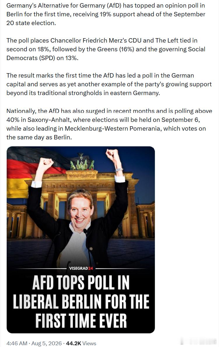 德国选择党（AfD）首次在柏林的一项民调中位居第一，以19%的支持率领先其他政党