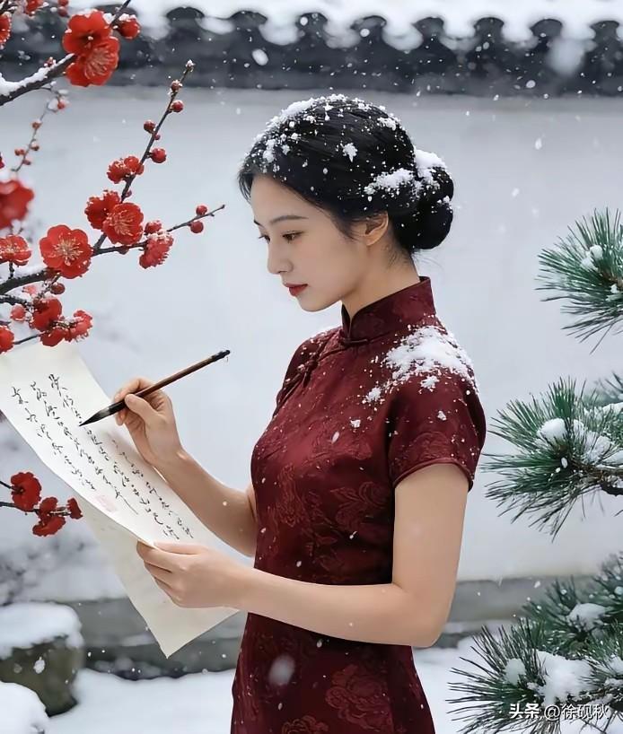 七绝•雪缀梅香作者/烟岚入梦闲研墨色寄寒深，雪覆庭阶锁秀林。且待风柔冰渐