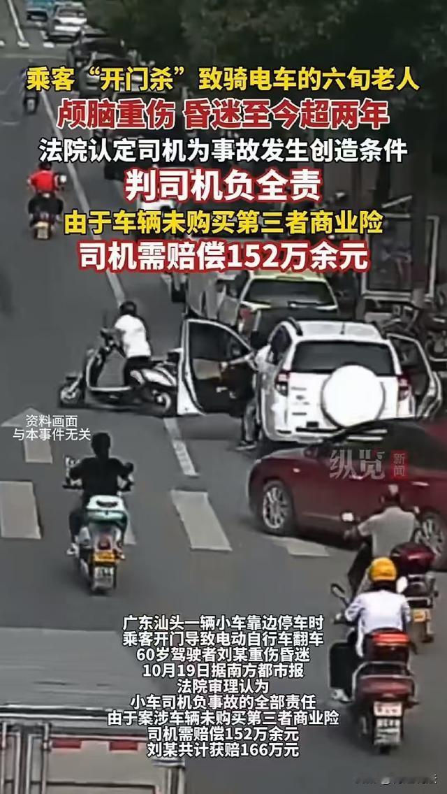 广东汕头，网约车司机停车不靠边，乘客下车开门时，一位60岁骑车老人重重撞到车门导