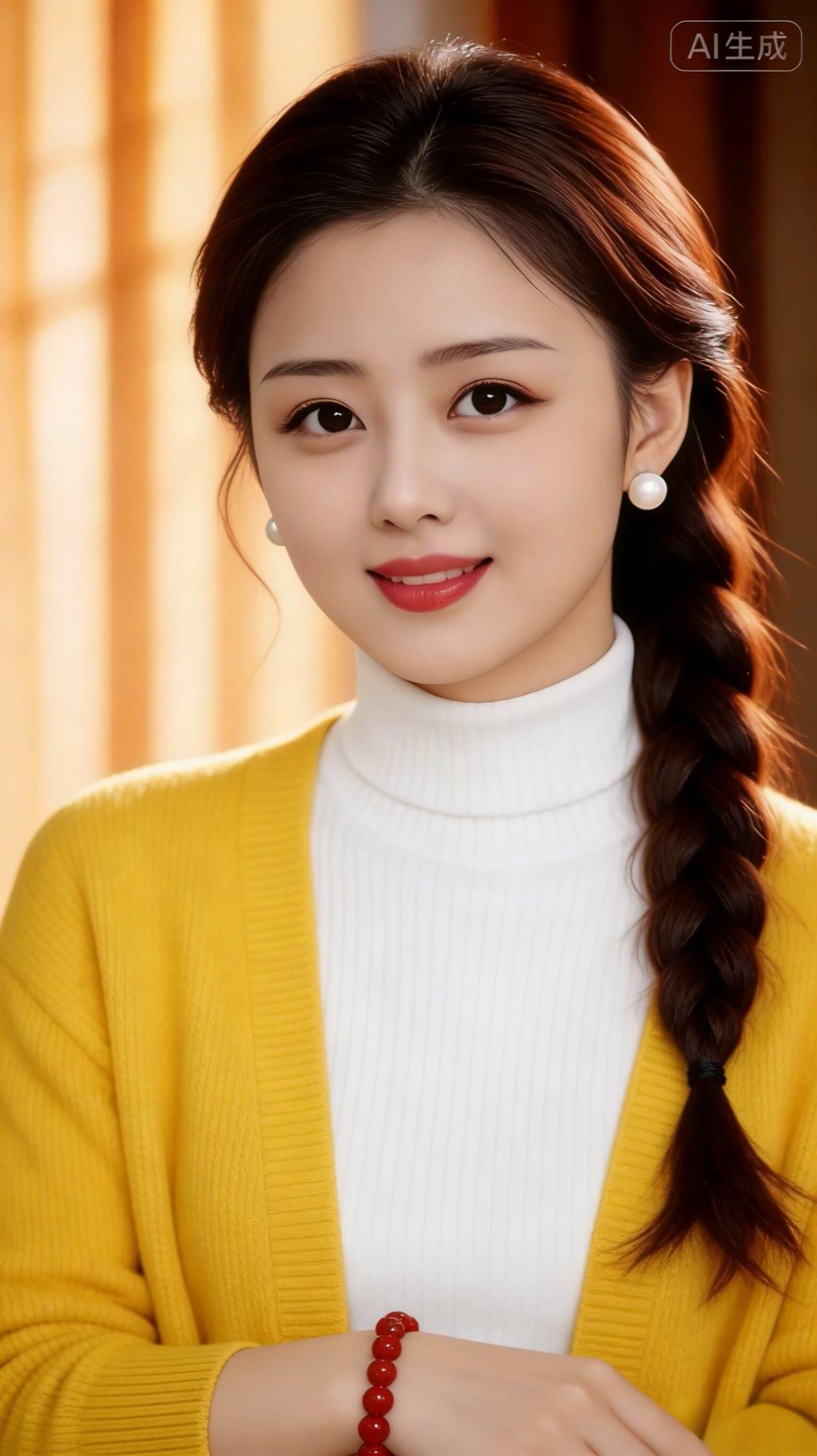 温柔甜美的冬日穿搭，暖黄色毛衣搭配白色高领衫，红发辫点缀，尽显优雅气质。