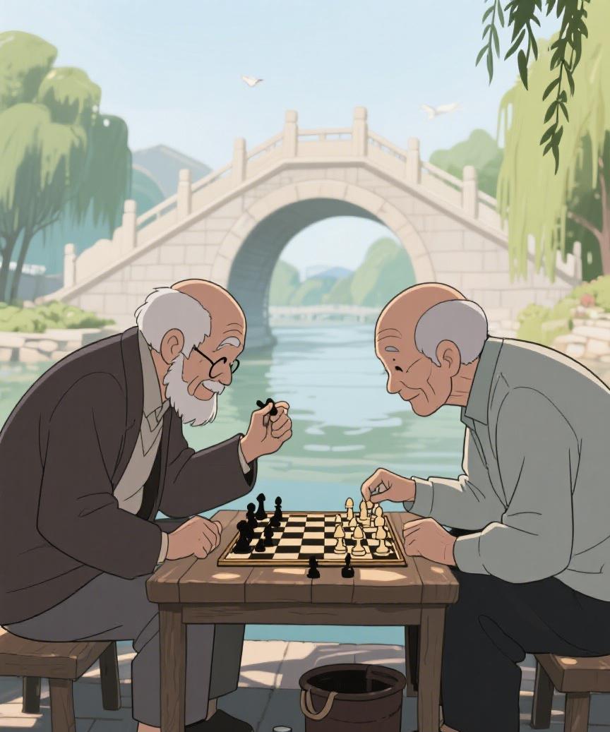 #AI妙生图#河畔石桥下，两位老者于棋局中静悟时光。落子间，似寻得岁月悠悠之真意