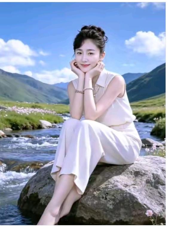 无题美女周末去踏青；一路走到小河边；眼前有块大石头；何不坐下把她歇；手