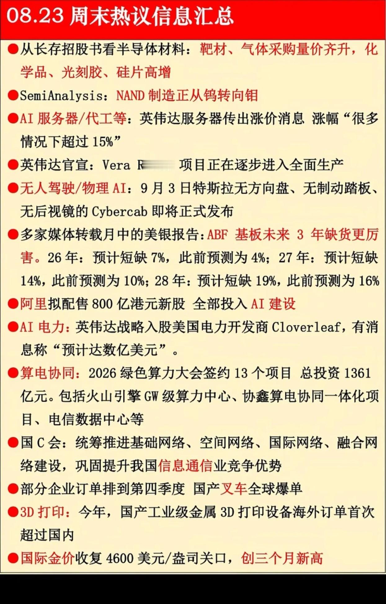 8.23周末热点消息汇总，多条产业主线迎来催化周末市场产业消息密集，覆盖半导体材料、AI算力、自动驾