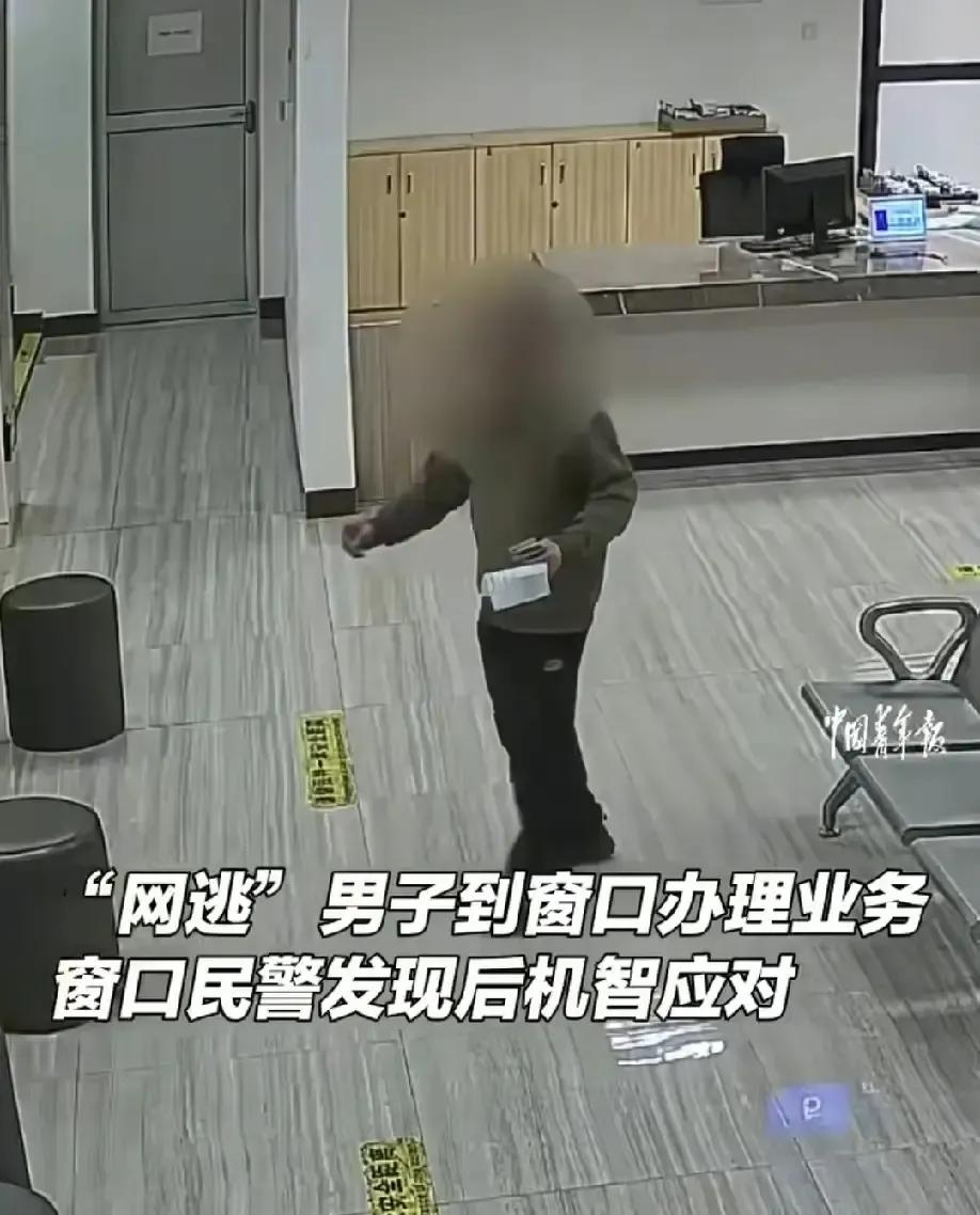 云浮政务大厅里一个男的递身份证办业务，窗口民警扫一眼屏幕，红色预警蹦出来，网逃。