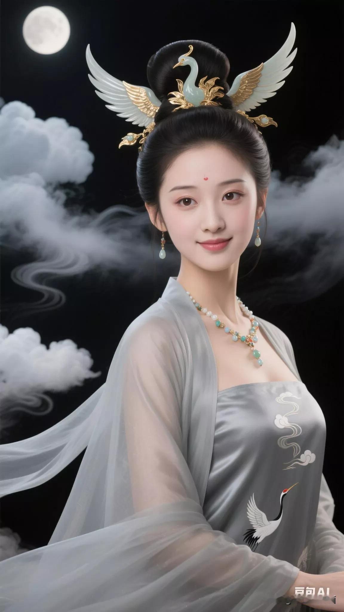 月华照美人，仙姿入画来。月下汉服美人入画美人古风仙女照柔光美人月照美人