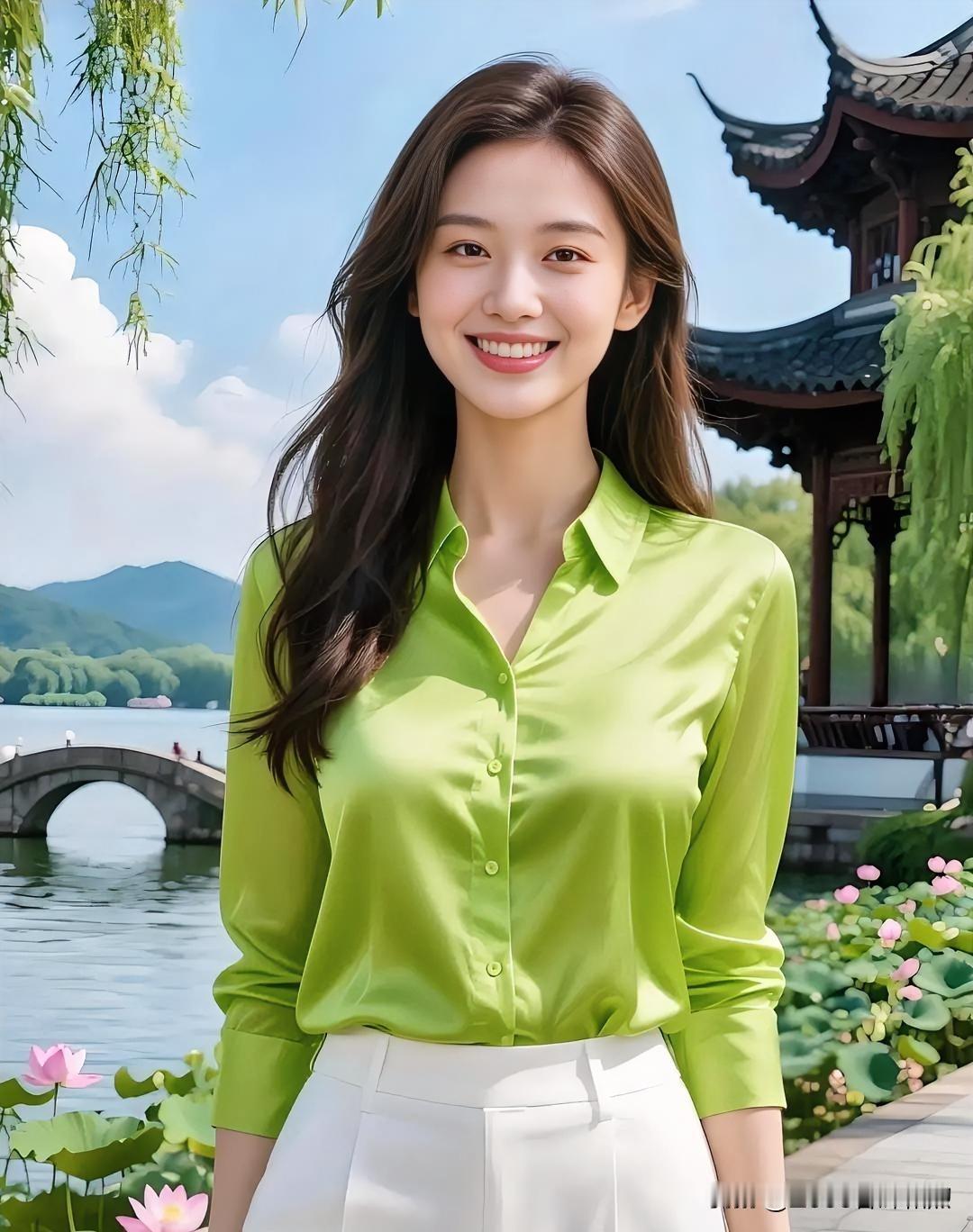翠绿衬衫点亮古典园林，笑意盈盈如夏日清风，清新与温婉交织，尽显生机盎然之美。
