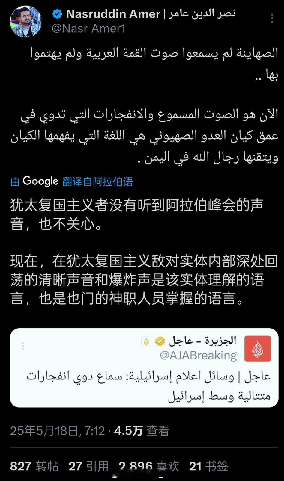 也门“安萨鲁拉”运动（胡塞武装）媒体中心主任、萨巴新闻通讯社主编纳斯鲁丁·阿梅尔