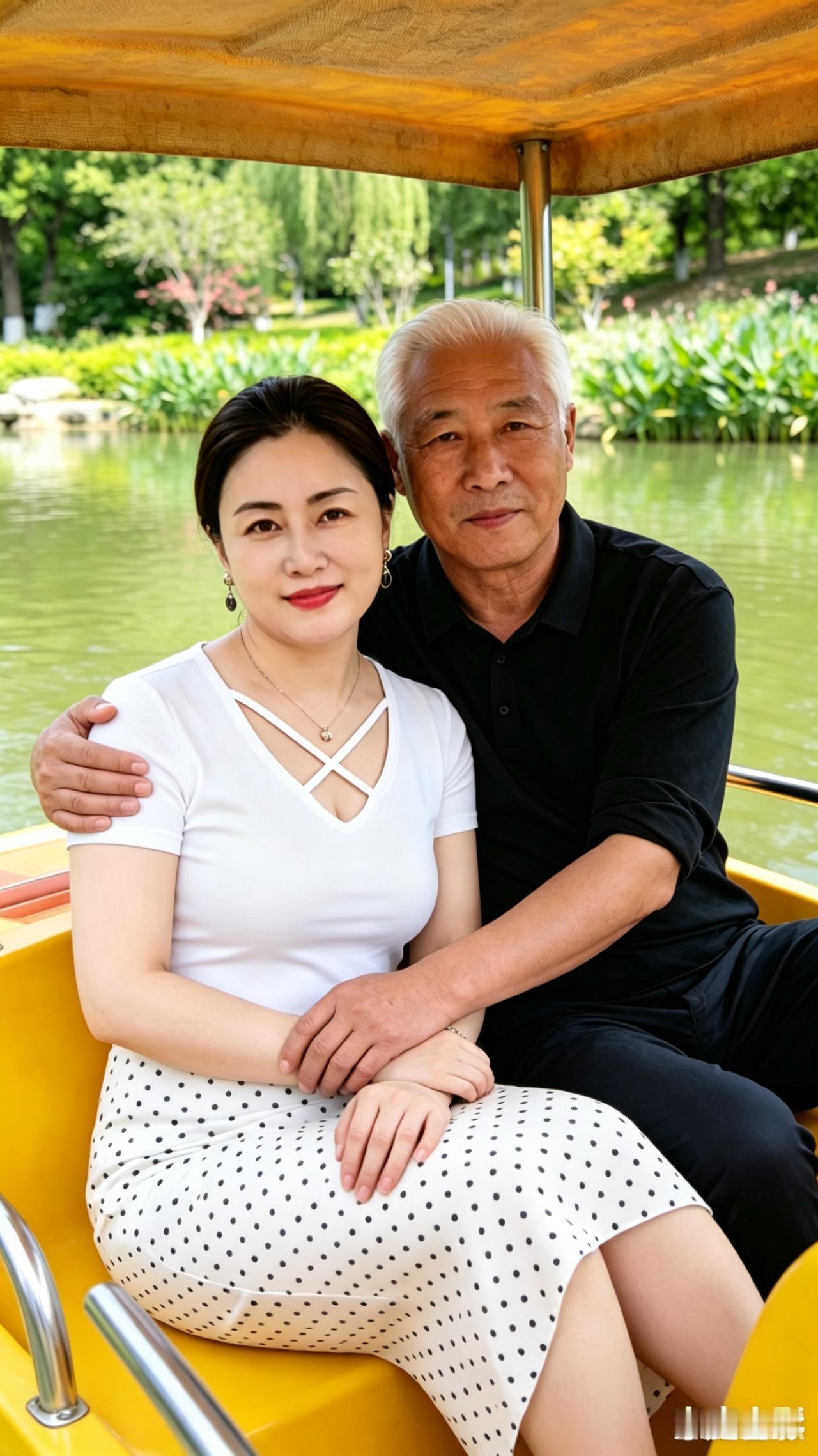 一对情侣在公园的船上合影。年龄不是问题，金钱才是魅力老头有18000多的退