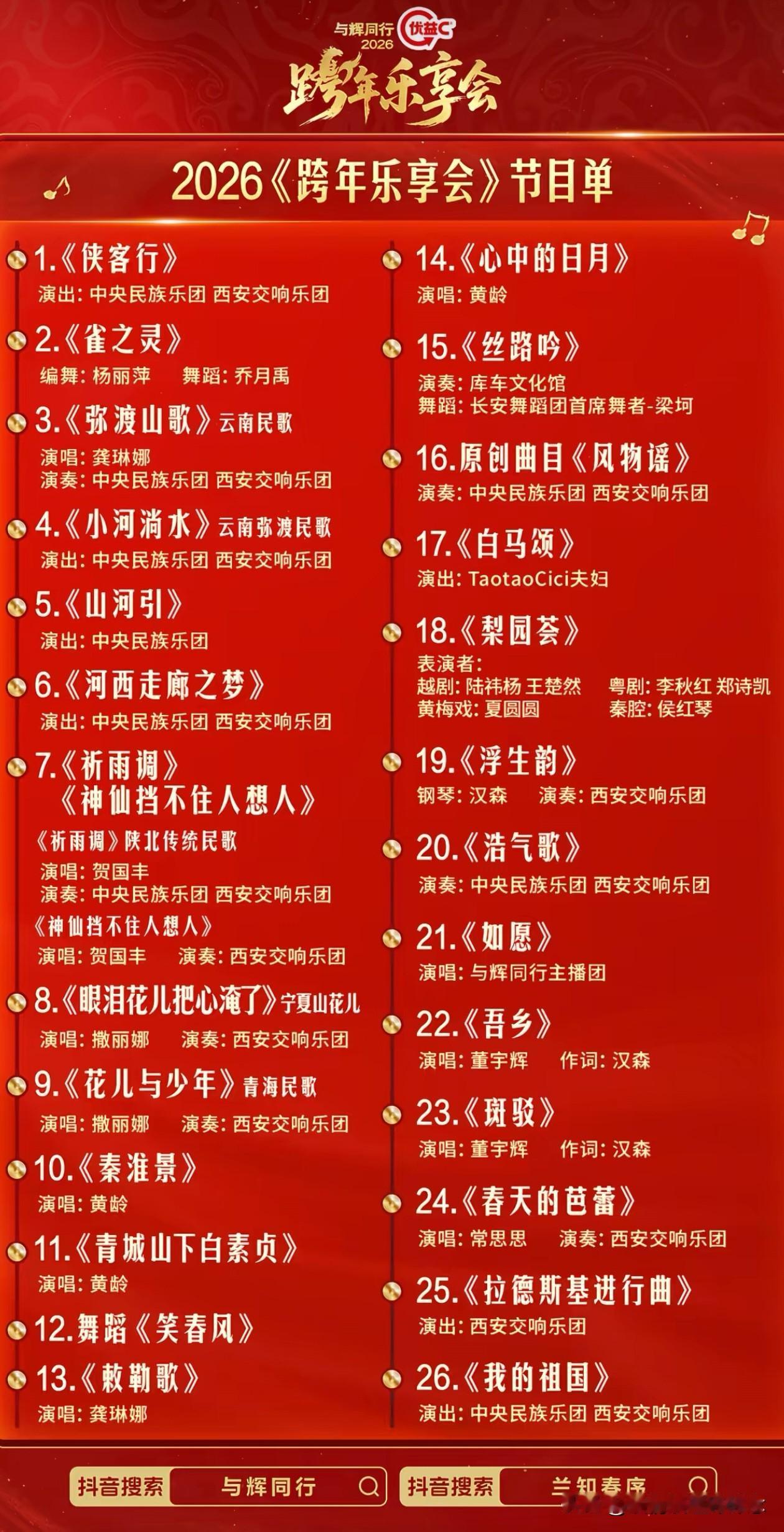 “与辉同行”今晚跨年乐享会节目单新鲜出炉了，一共26个节目，宇辉不仅要唱大家耳熟