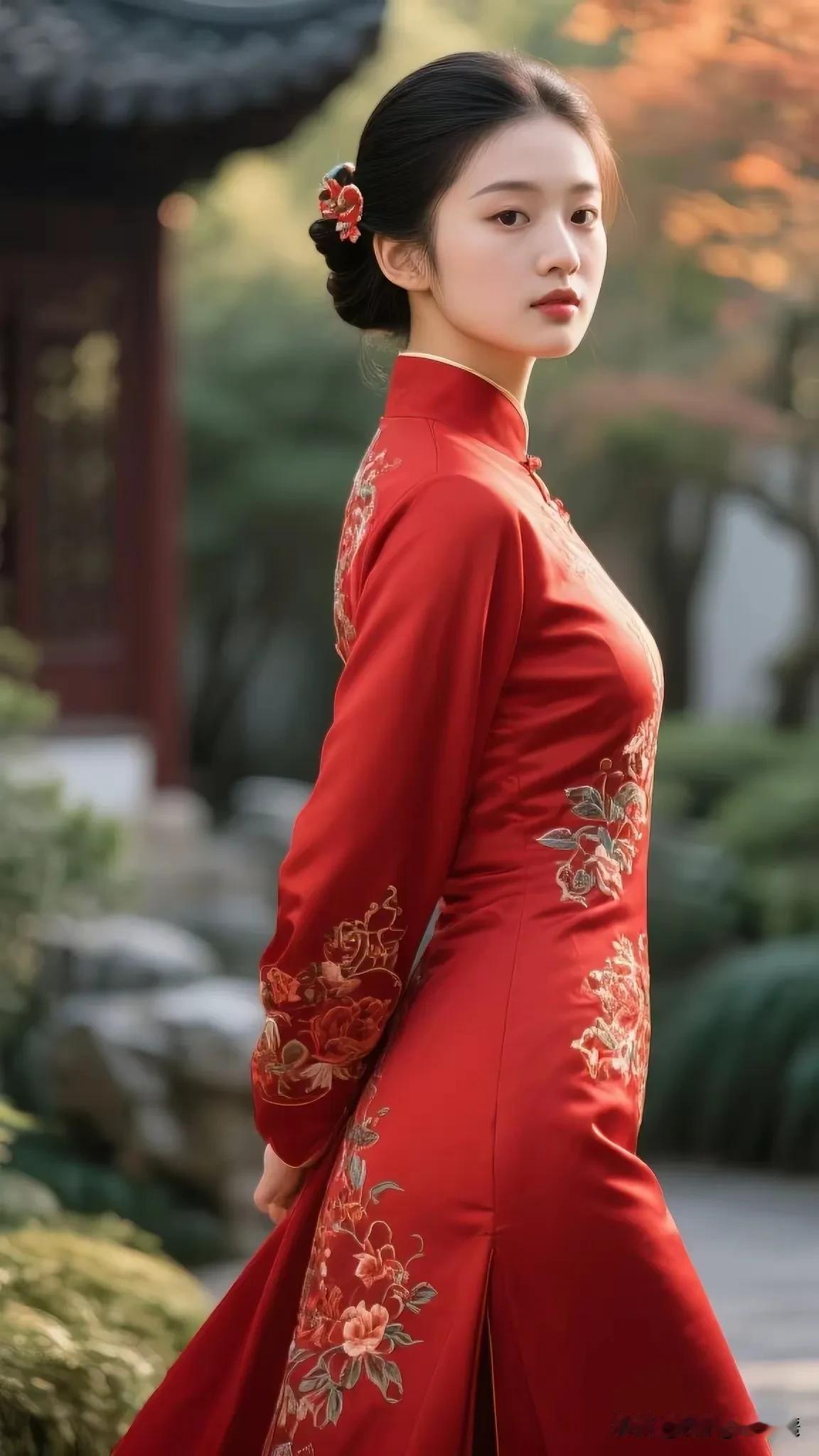 中国红，红旗袍纤腰楚楚随风摆，丽影翩翩入梦来。杏眼含情波潋滟，天生丽质胜