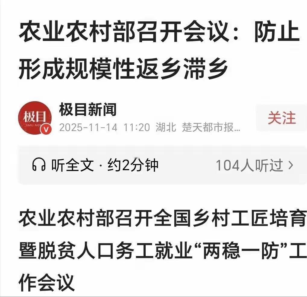 有点意外：现在返乡人员有这么多吗？引起如此重视！日前农村农业部召开会议，会议要