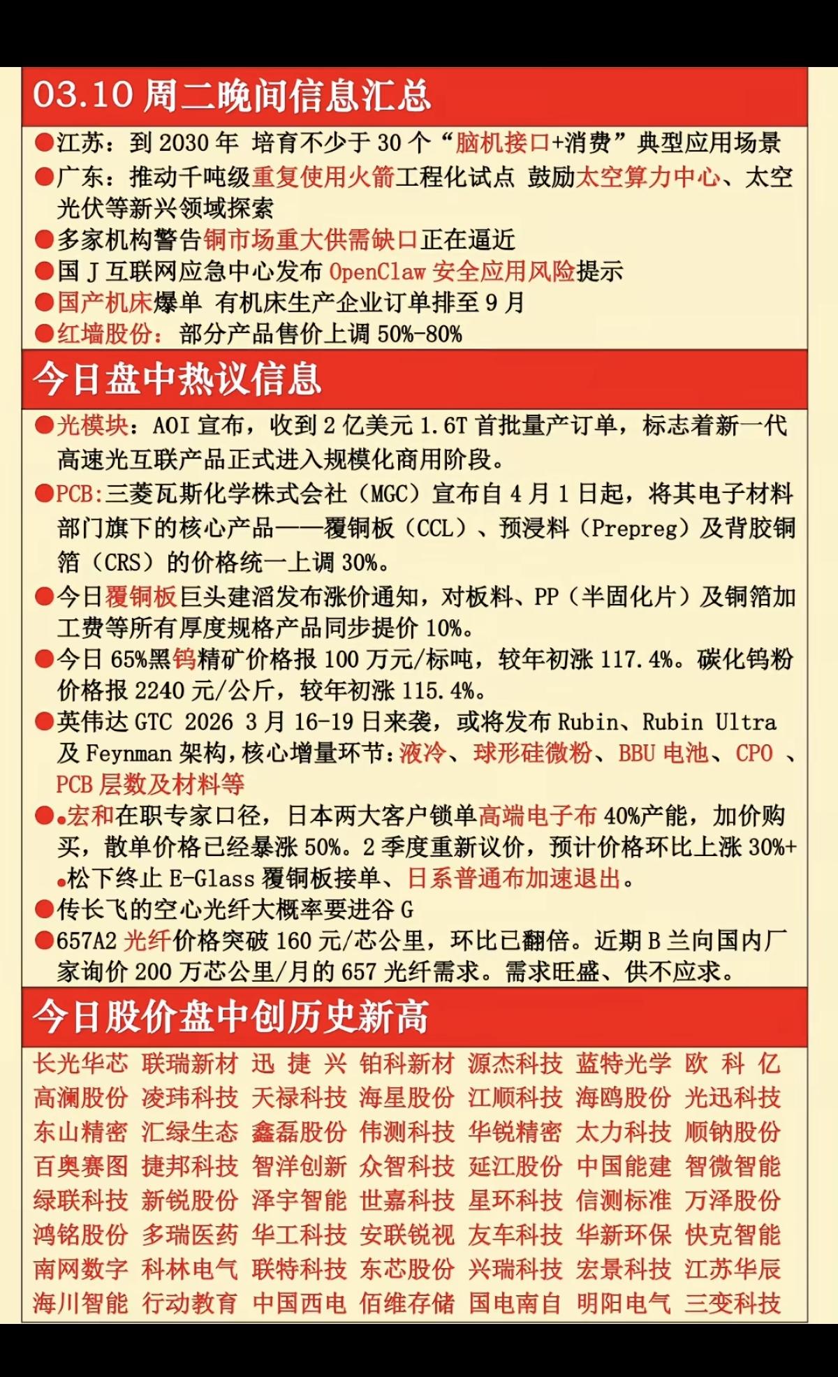 3.11周三财经热点信息汇总！1.光模块+PCB订单2.覆铜板涨价
