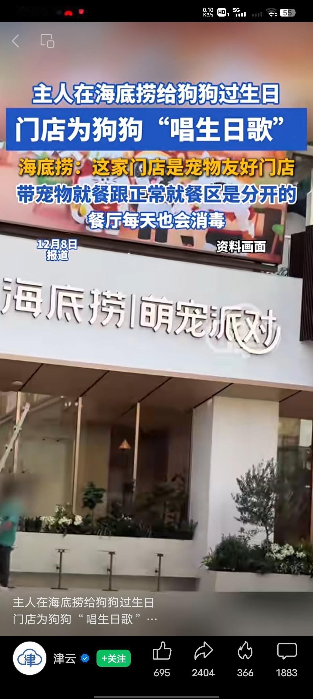 主人在海底捞宠物办生日派对，门店为狗狗唱“唱生日歌”12月7日，广州深圳一海底