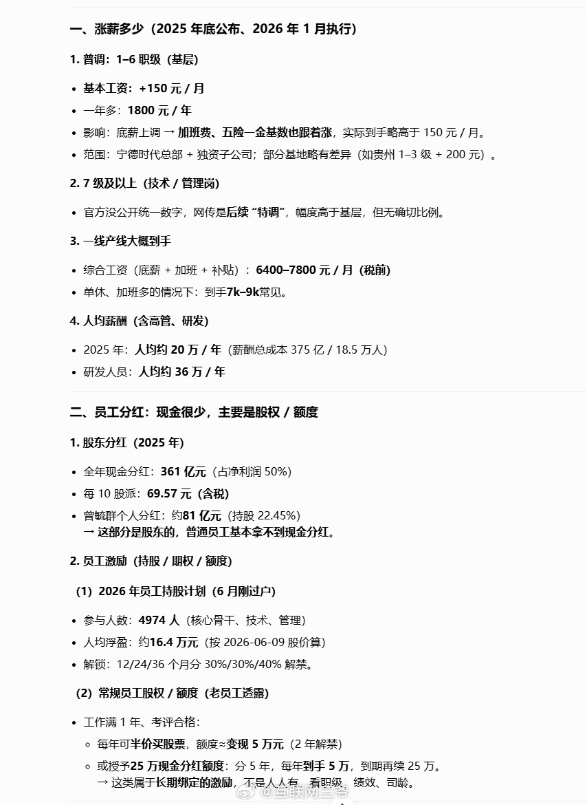 宁德时代董事长谈奋斗还是生活基层员工每月涨薪+150元，全年现金分红：361