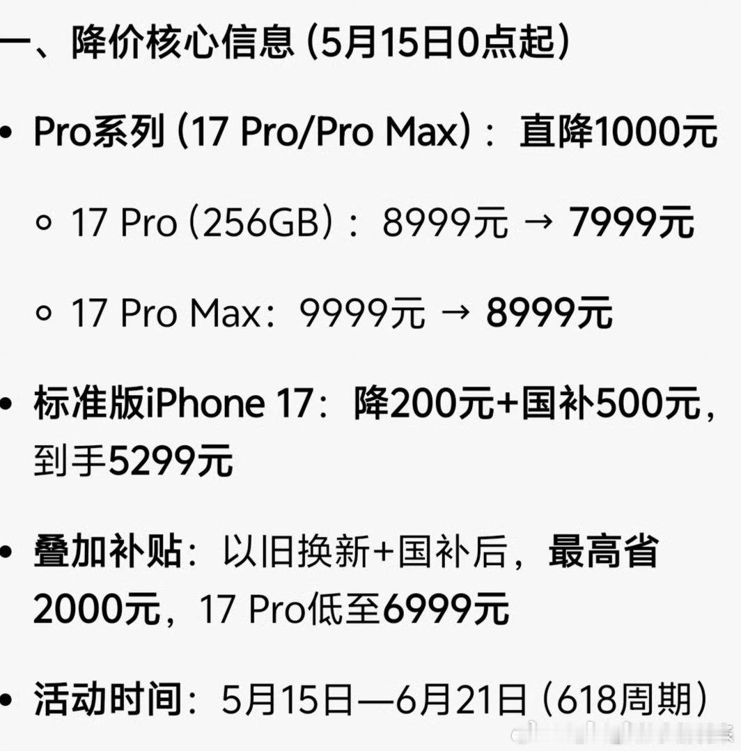 第一批iPhone17降价受害者发声iPhone17标准版降至5299元，Pro