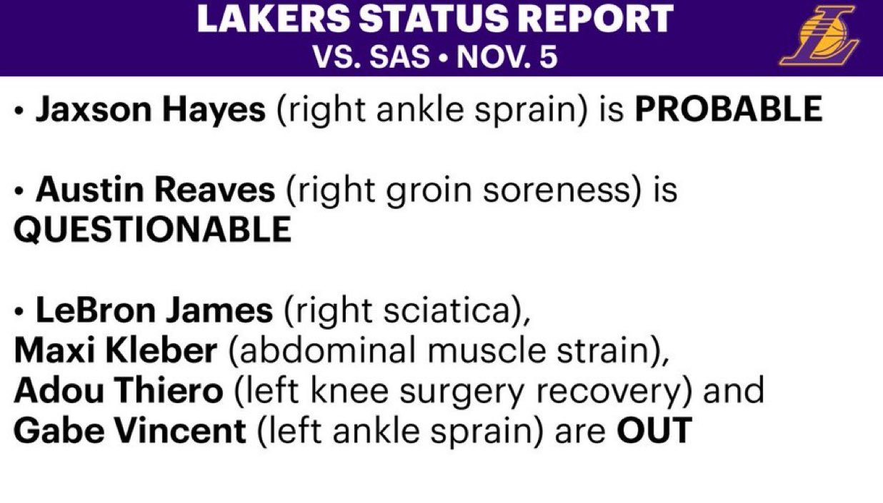 湖人更新明天对阵马刺的伤病情况：海斯（右脚踝扭伤）大概率出战，里夫斯（右侧腹股沟
