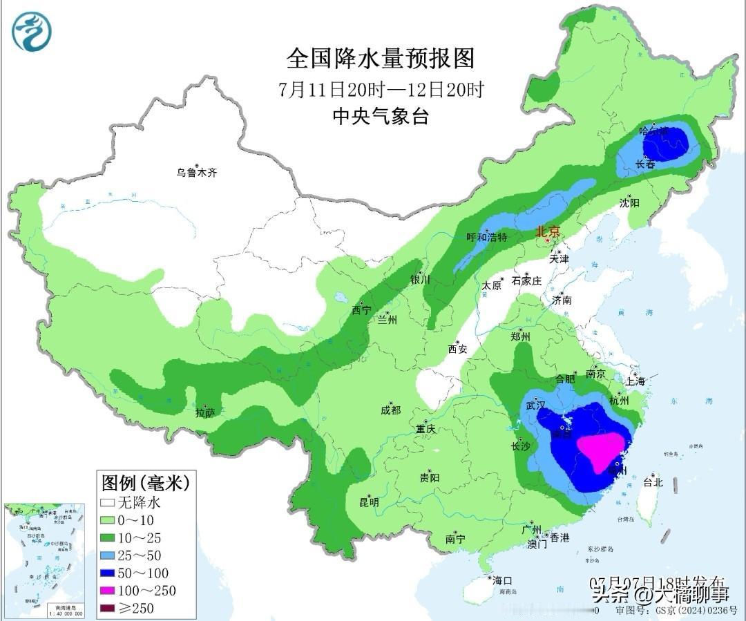 据中央电视台全国降水量预报图显示：7月11日左右有大片降雨覆盖。雨量较大的位置：
