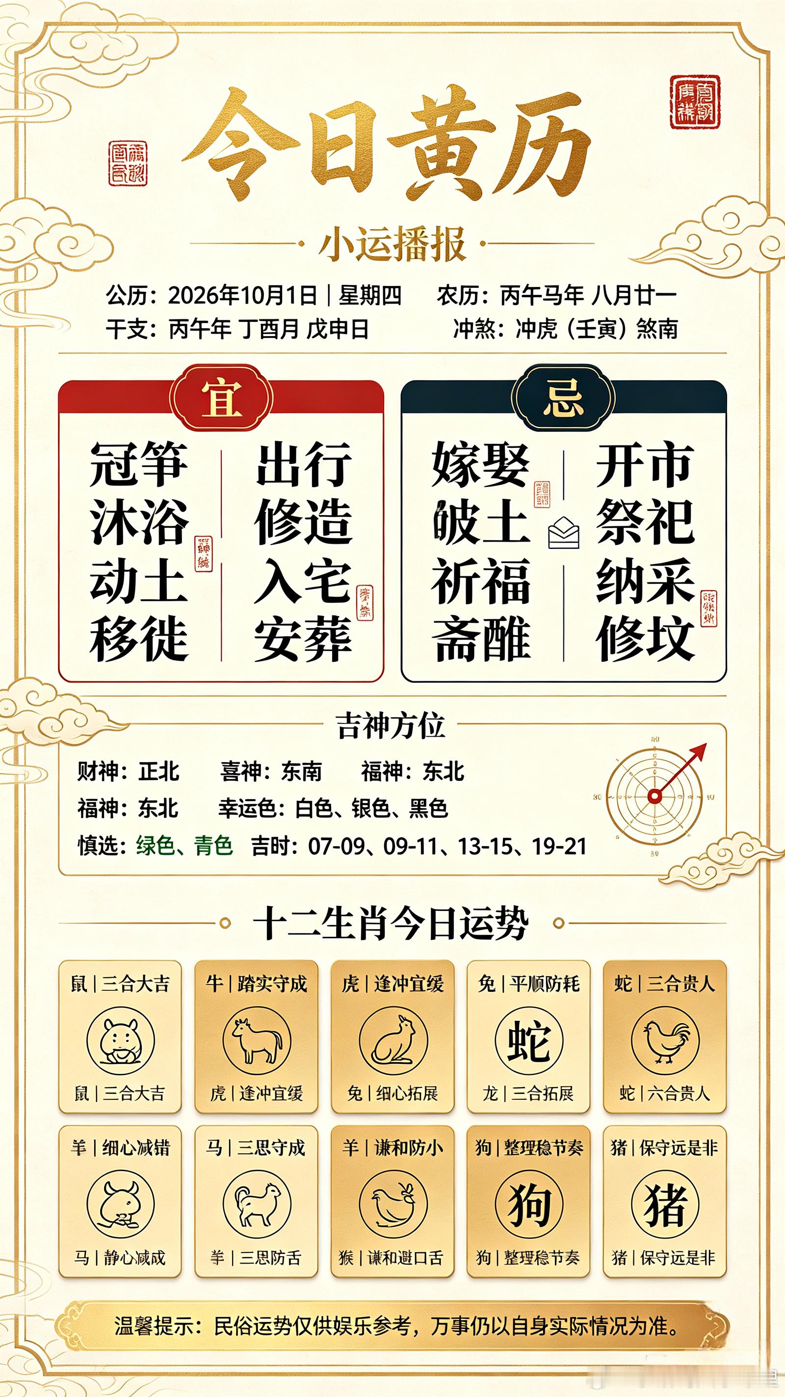 ✨小运播报公历：2026年10月1日｜星期四农历：丙午马年八月廿一干支：丙午年