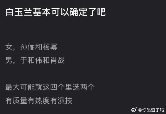 今年白玉兰提名大概5月份就会公布啦！按照前两届的风向来看，孙俪、于和伟拿奖的概率