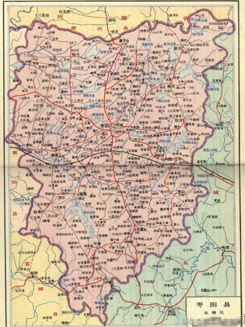 1978年湖北省枣阳县地图。枣阳县位于襄阳以东，随州以西，北与河南省接壤。枣阳县