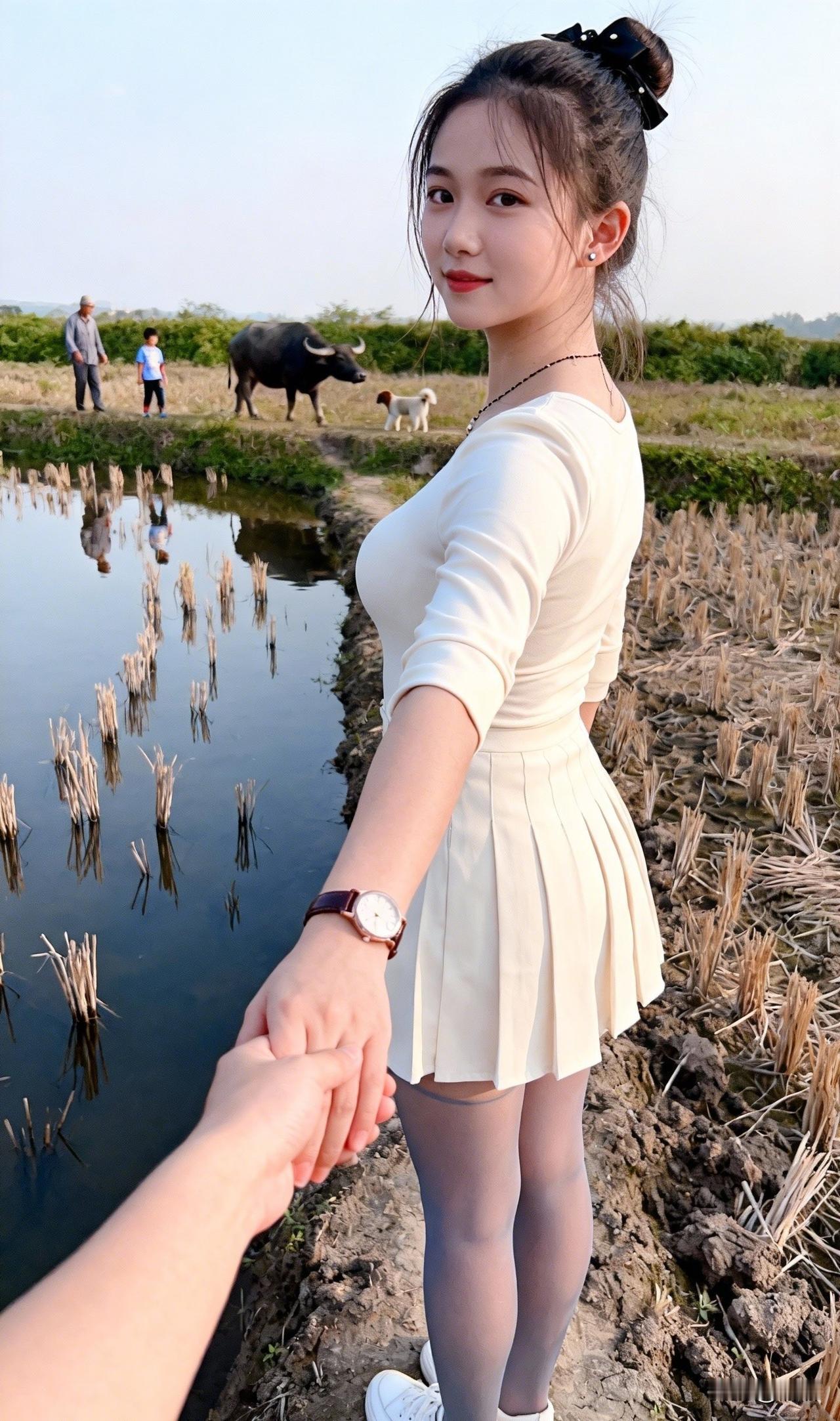 赤脚踩在松软的田埂上，泥土的凉意从脚底传来，远处稻草人依旧坚守岗位，几只麻雀停在