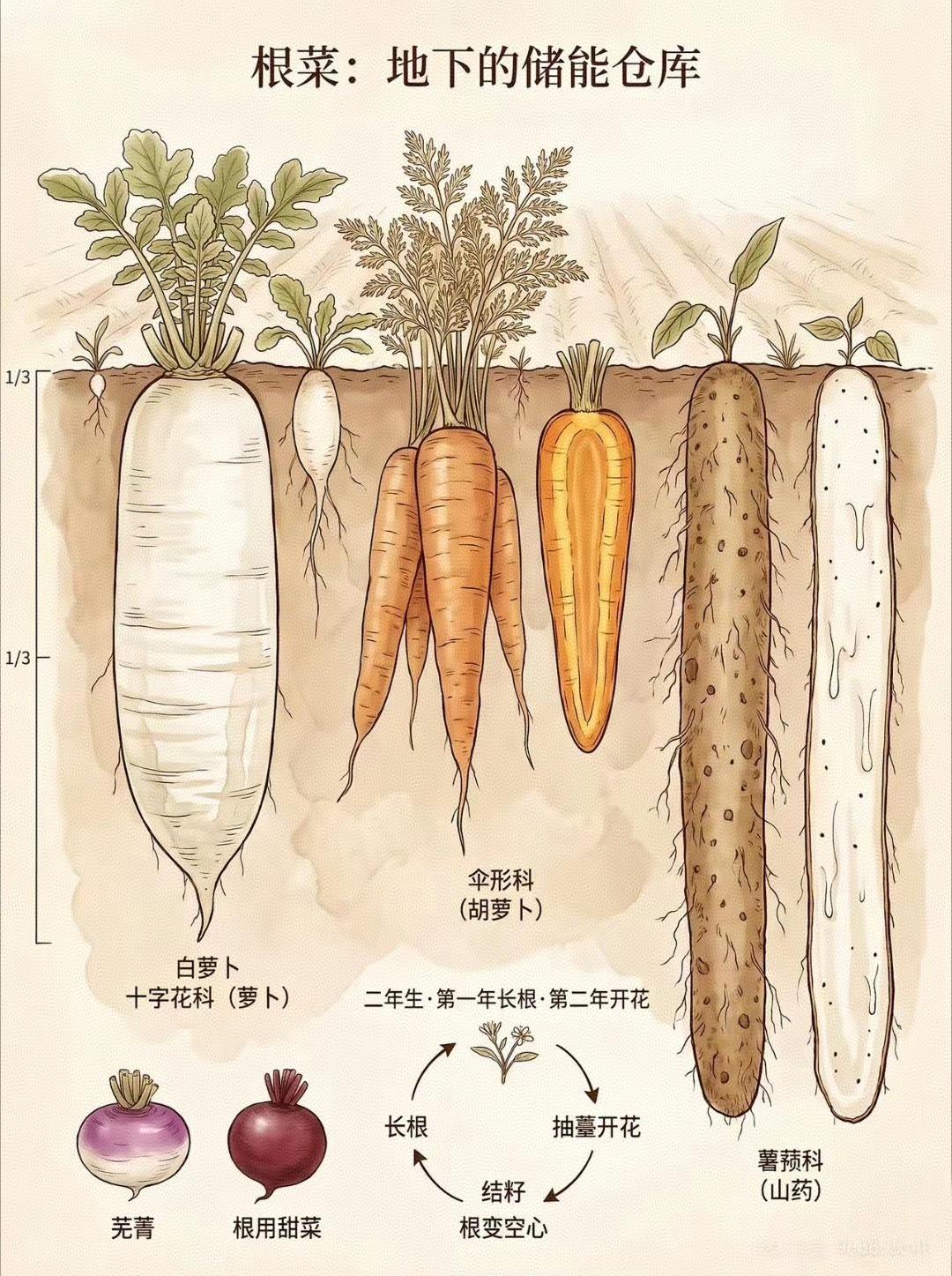 根菜｜埋在泥土里的地下储能仓库🥕我们常吃的白萝卜、胡萝卜、山药，都属于根菜。