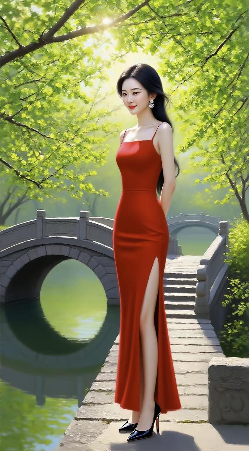 在绿意盎然的公园里，优雅红裙女子漫步石桥，阳光洒落，宛如童话般美丽。