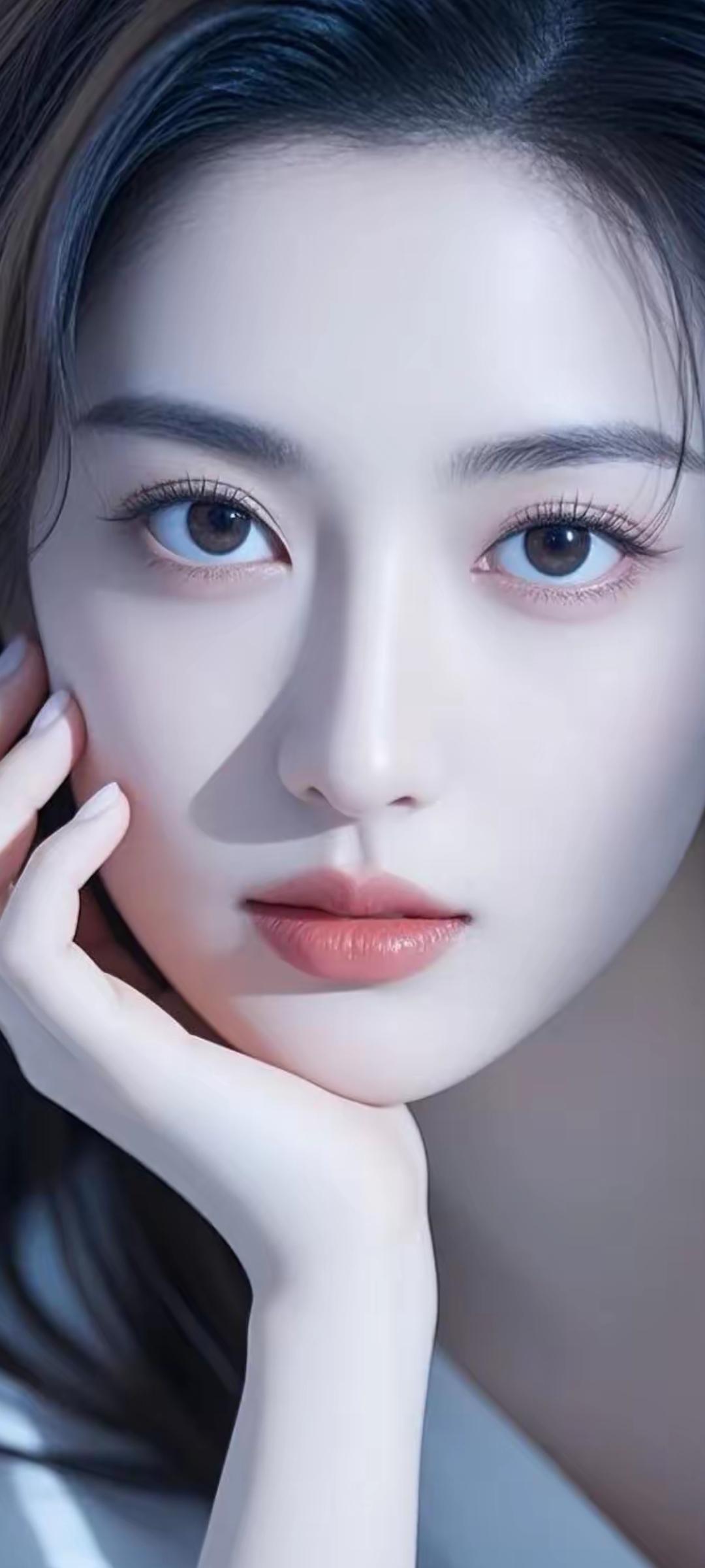 温柔甜美的少女，白皙肌肤，大眼睛，粉嫩唇色，梦幻般的美。