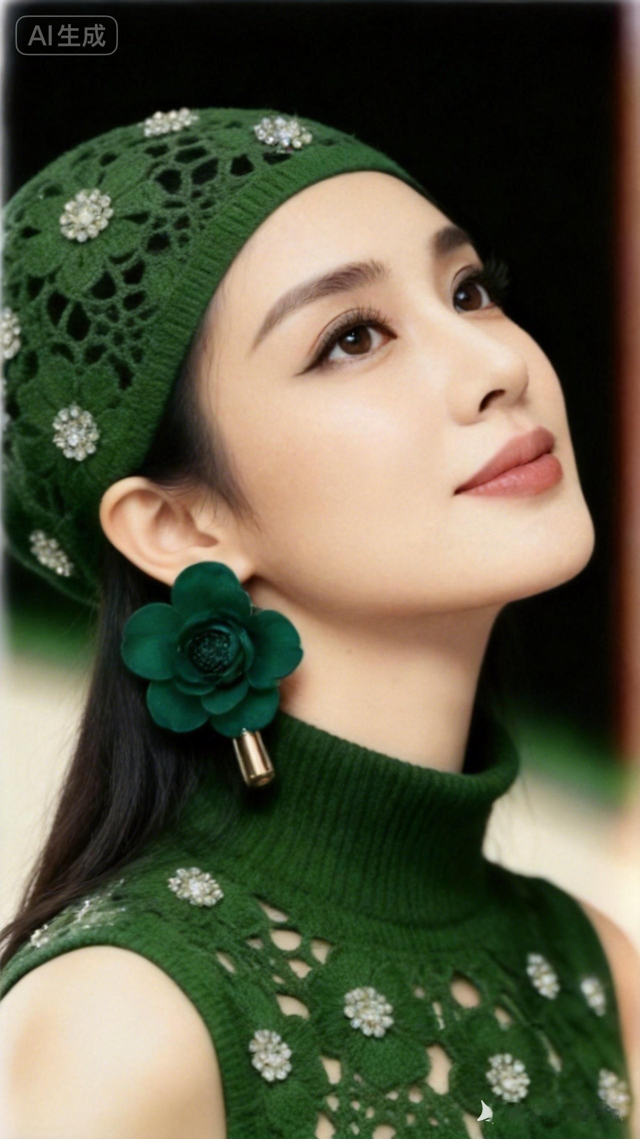 这位美女戴着绿色花帽，真好看！