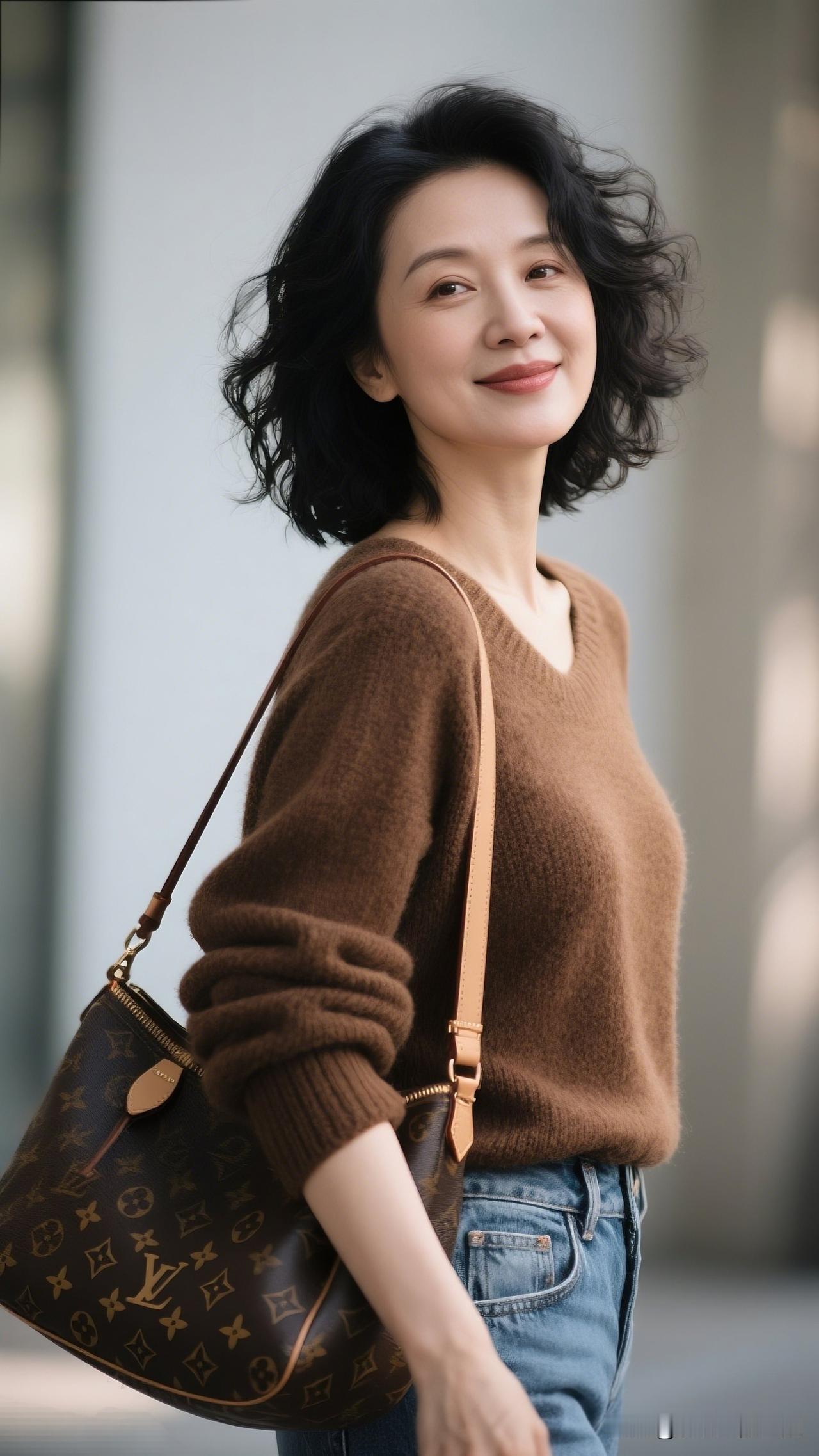温柔微笑，棕色毛衣搭配经典LouisVuitton包包，时尚又优雅。50岁后的
