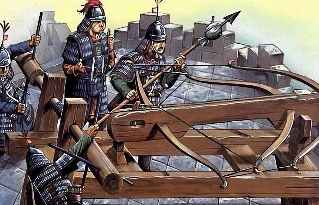 4万宋军兵临扬州城下，手持武器，与李庭芝面对面。蒙古铁骑手持弯刀，位于阵后，监视