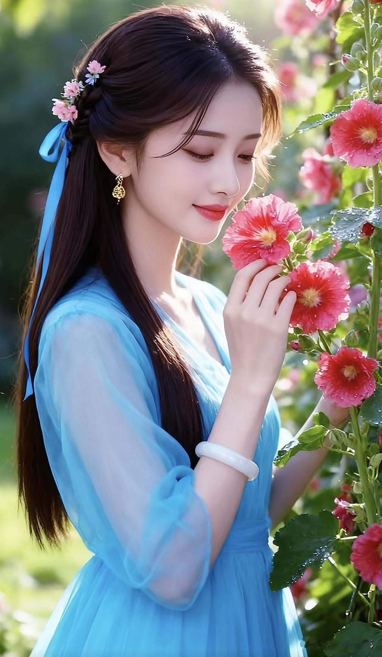 蓝衣少女与粉花相映，宛如仙境中的梦幻时刻。紫色花海少女温柔白衣少女红衣花裙少
