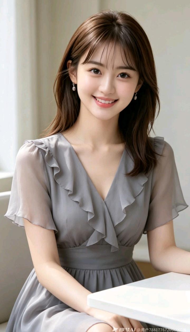 一个漂亮女孩穿着灰色裙子微笑。散步的时候,你有怎样的感受?淡黄色长裙穿搭灰色