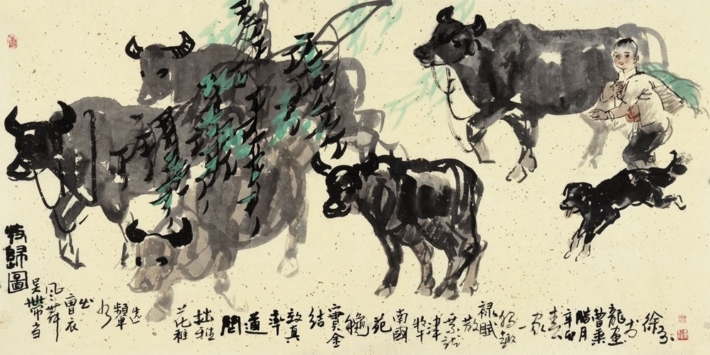 墨牛风骨画家以大写意泼墨写牛，浓淡干湿间见筋骨。牛身焦墨厚重，如负重前行之躯；淡