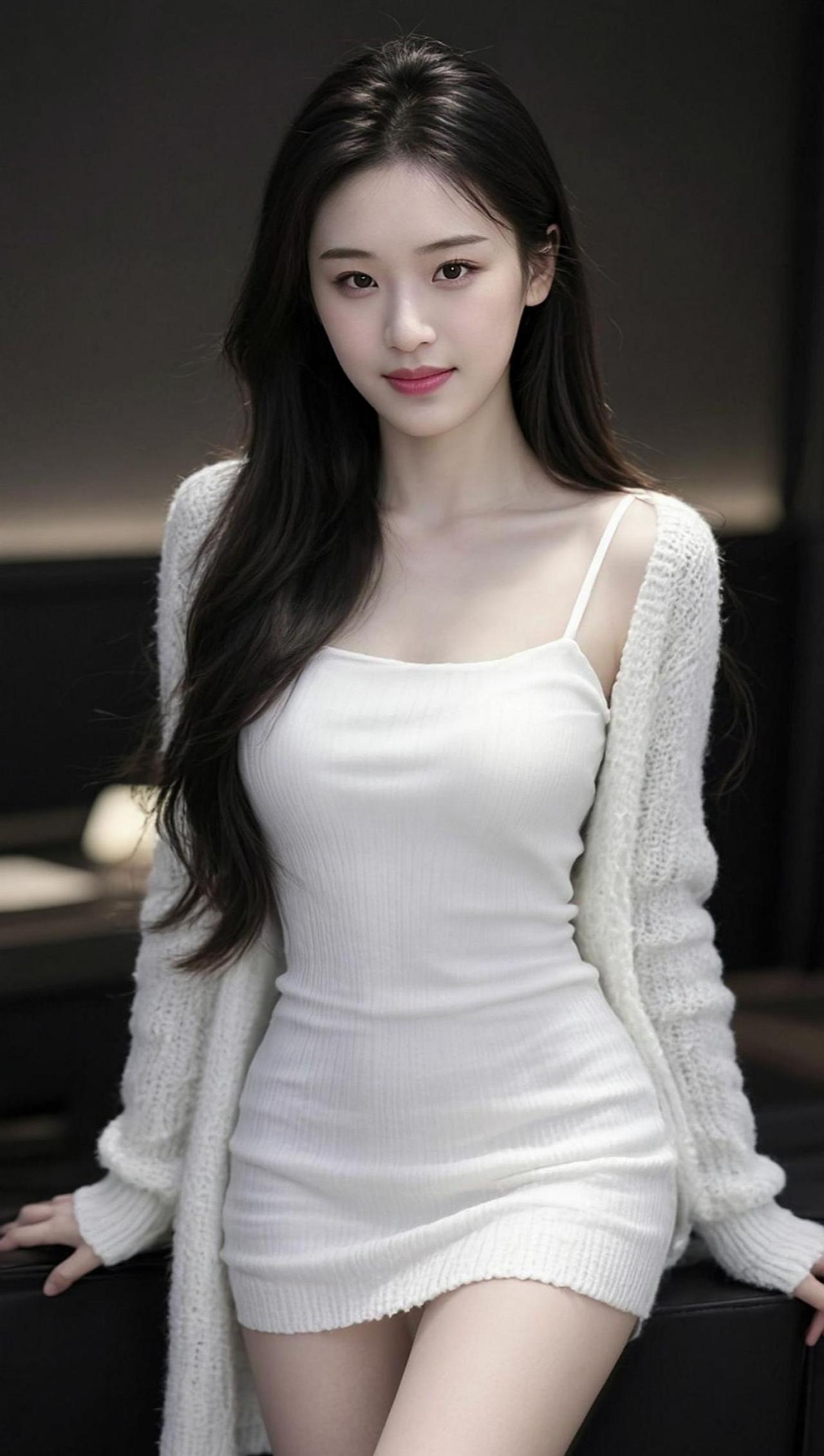 白色背心搭配开衫，简约中透着一丝慵懒的优雅。背景的深色调与整体造型形成鲜明对比，