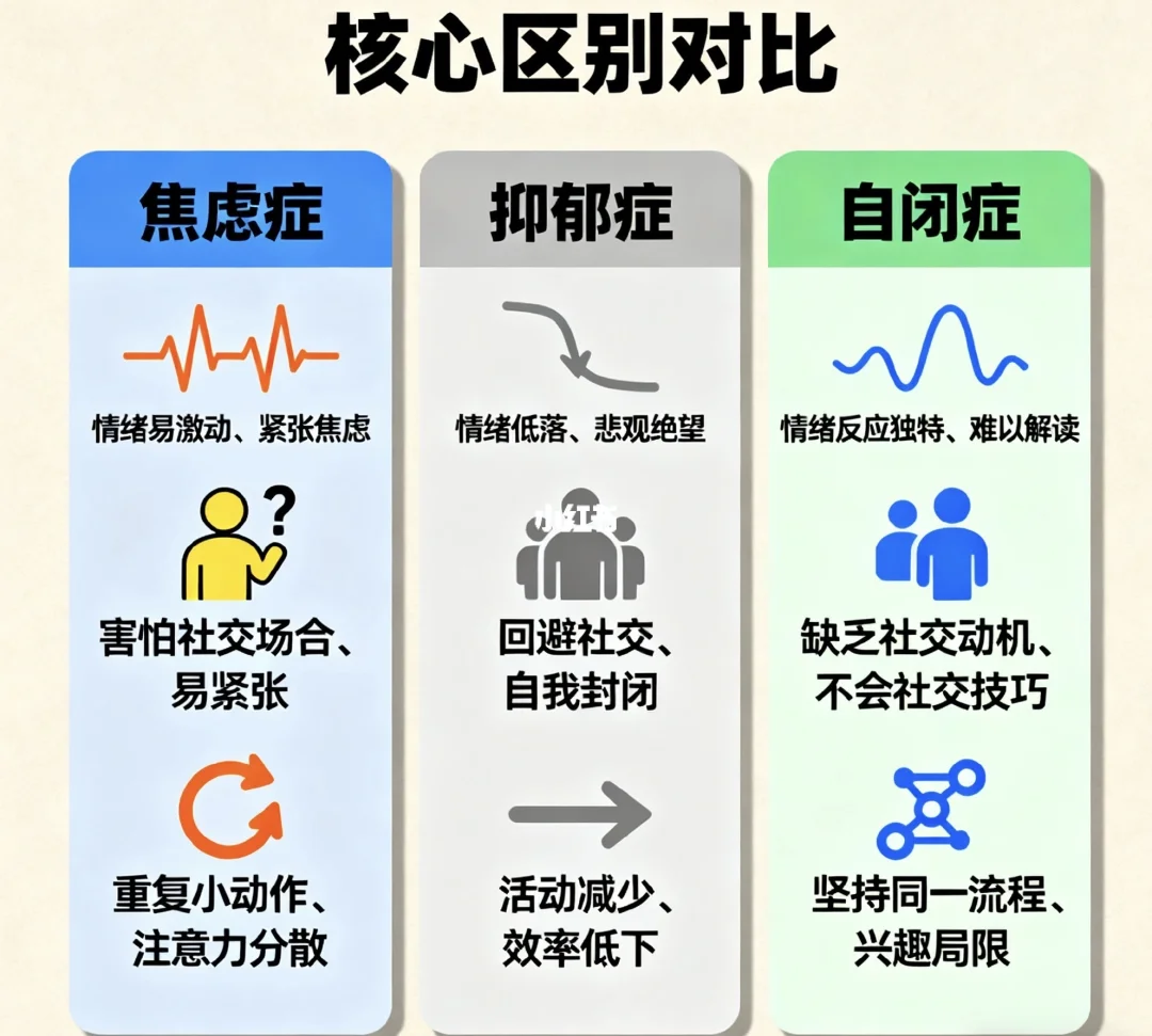 焦虑症vs抑郁症vs自闭症核心区别 1. 焦虑症：核心是过度、失控的焦...