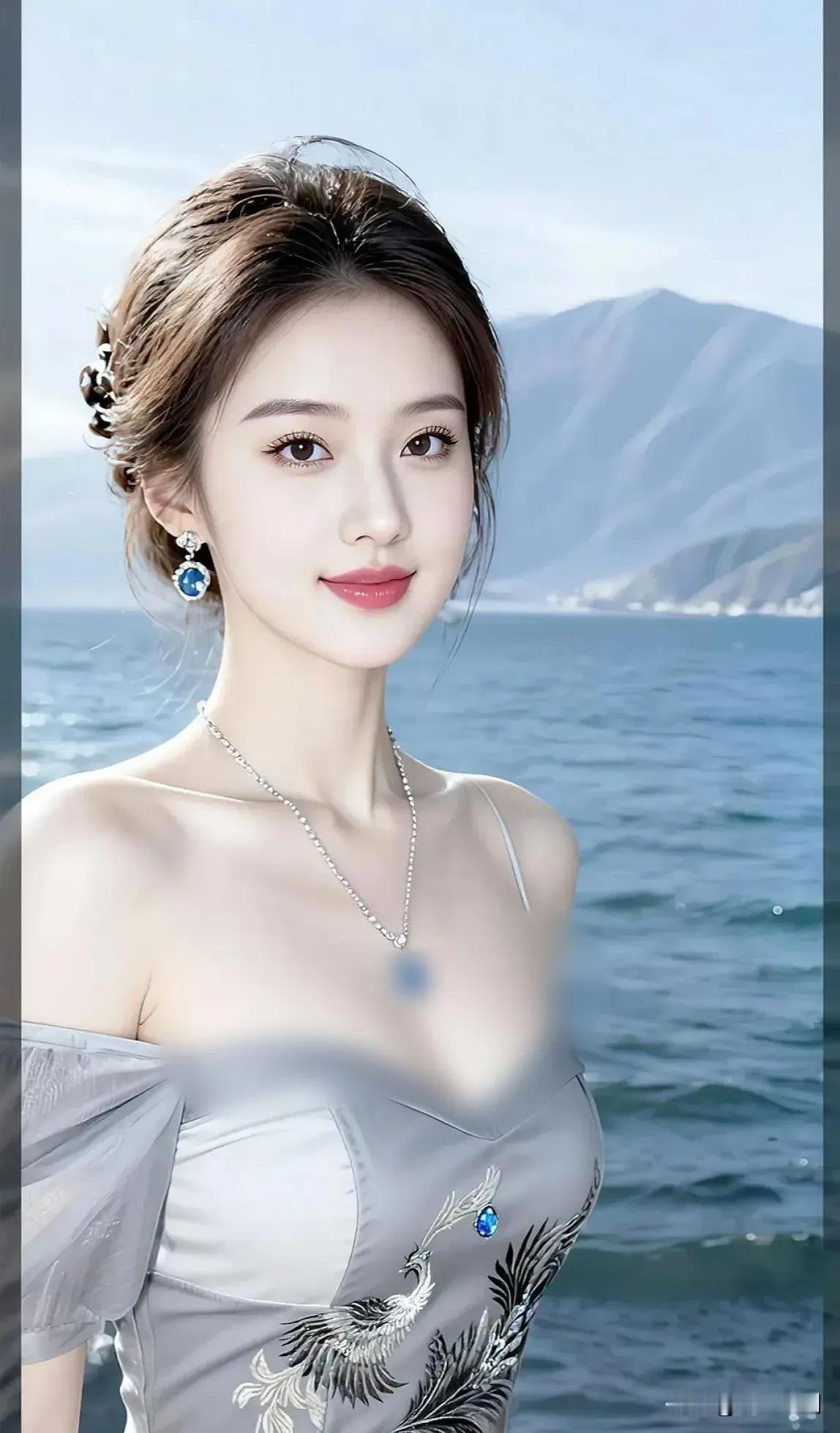 海风吹拂着银灰裙裾，眉眼间盛着山海的温柔，蓝钻似揉碎的海面星光。温柔感美女温