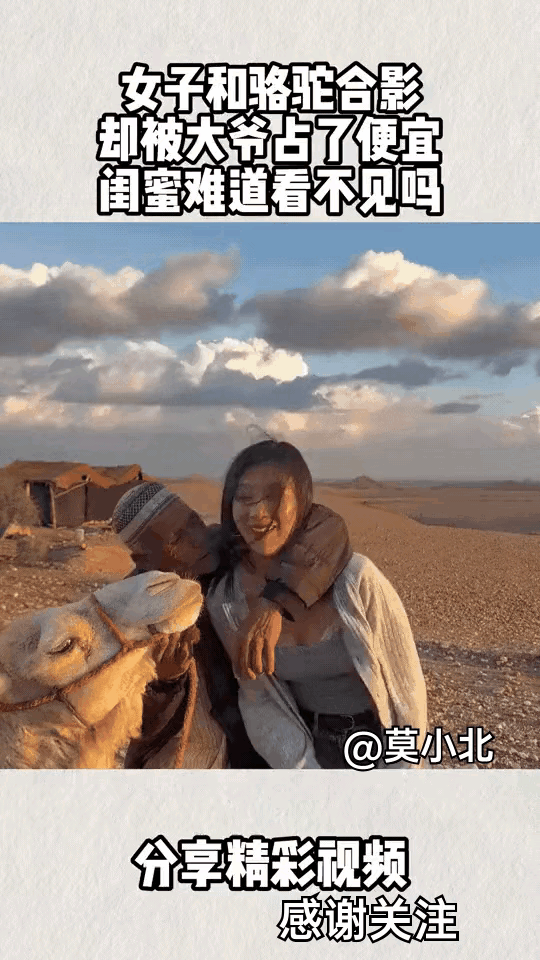 太搞笑了美女和骆驼合影本想拍组沙漠大片结果刚挨近骆驼这家伙的嘴突然往美女