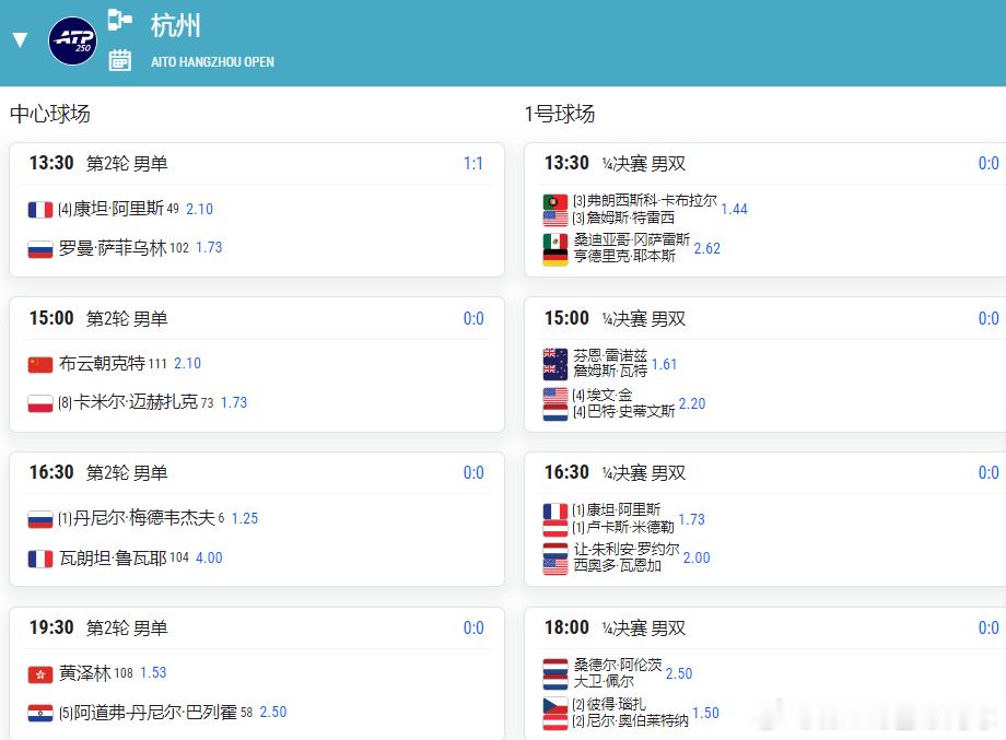 9.26日赛程布云朝克特出战杭州第二轮比利简金杯意大利vs乌克兰争决赛ATP