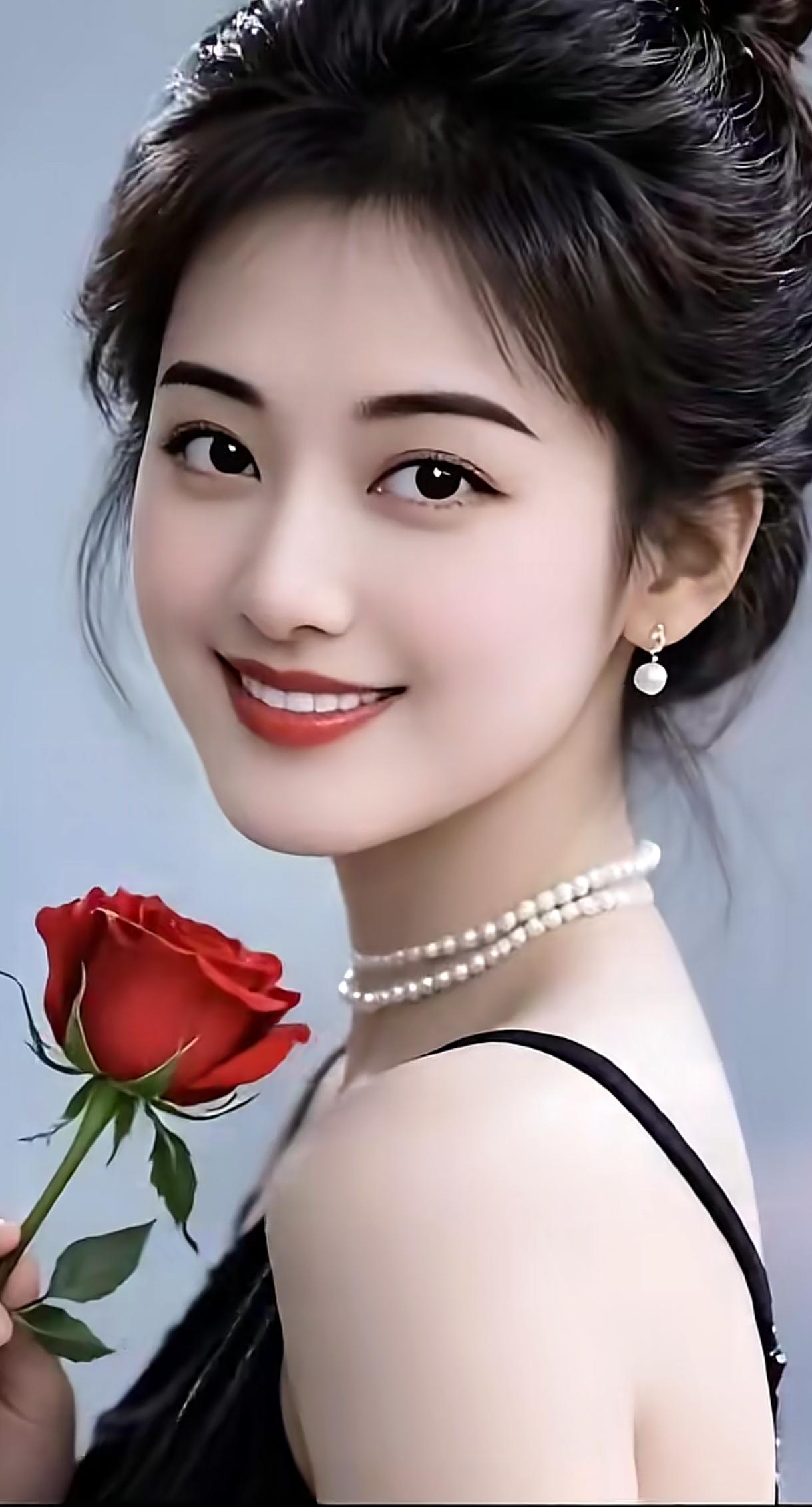 优雅红玫瑰，甜美笑容，珍珠项链，黑裙搭配，女神范儿十足！🌹💄👗分享一张最近