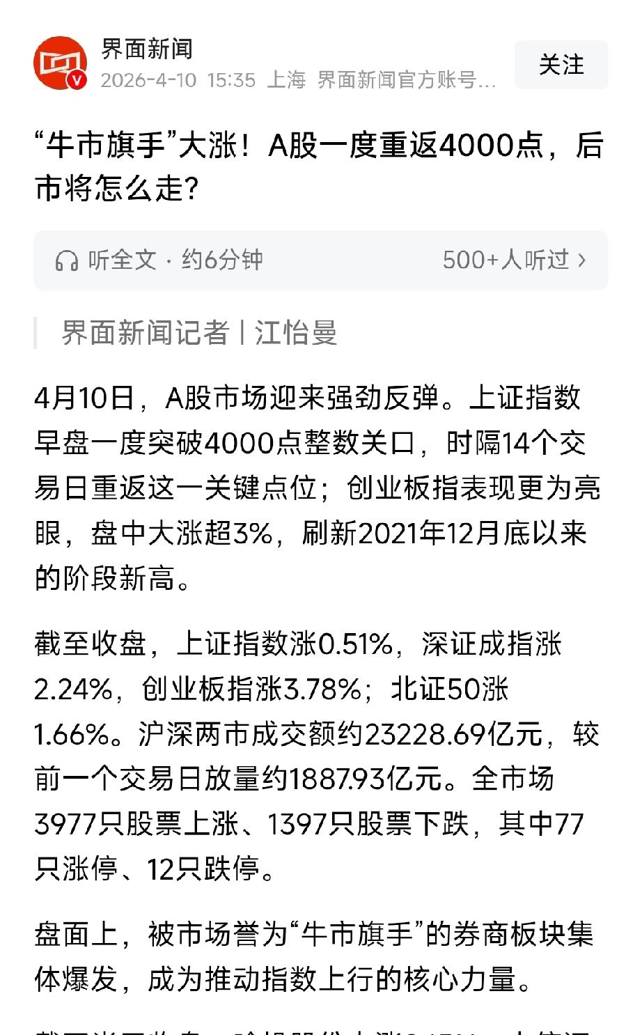 牛市旗手狂拉！沪指重返4000点，后市修复行情怎么干？4月10日A股全线强攻