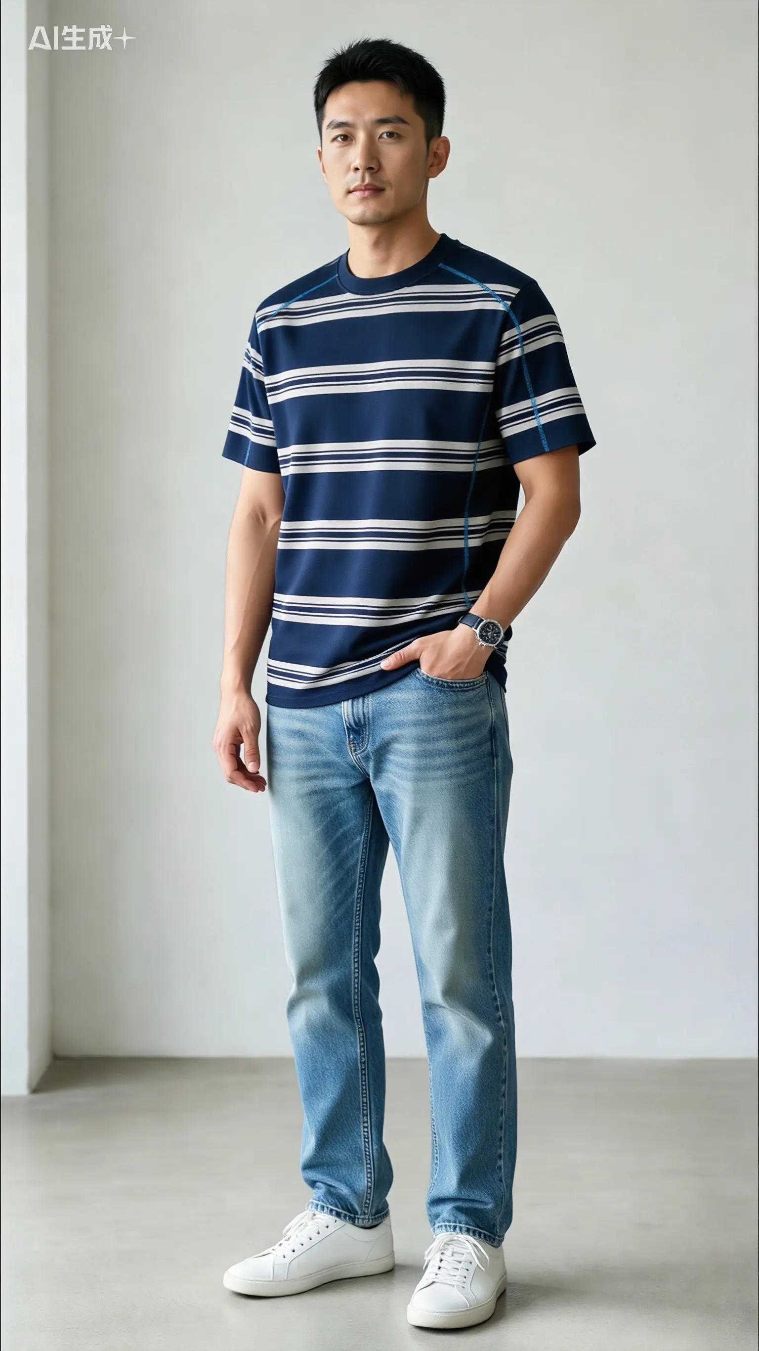 男生夏天不知道怎么穿，这件藏青条纹短袖闭眼入