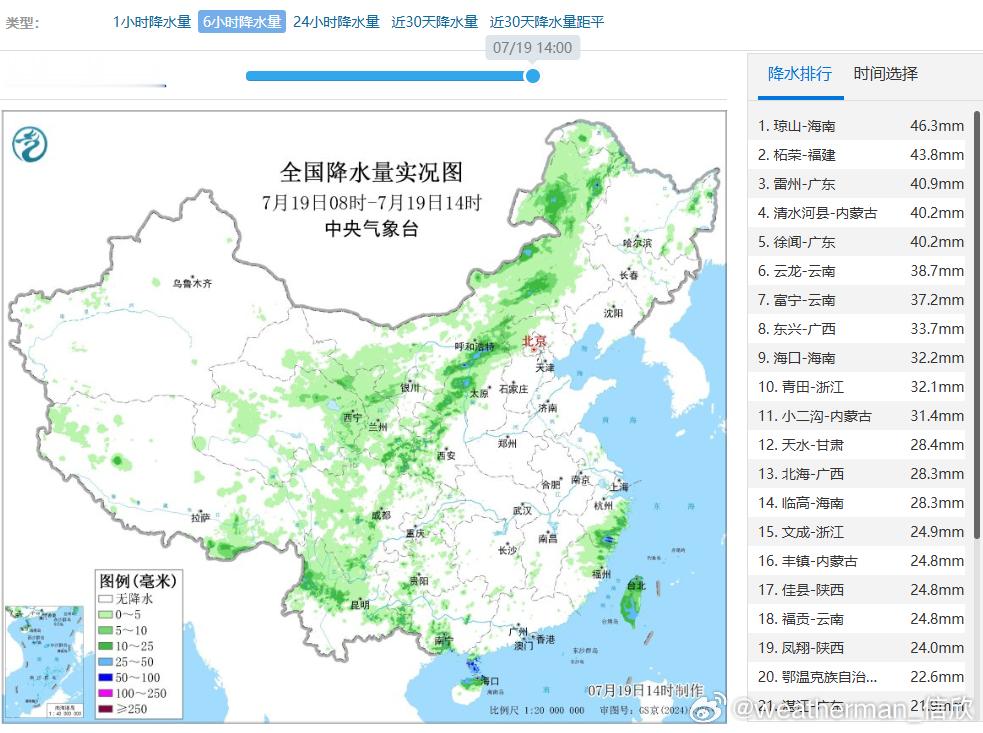 【强降雨和强对流】今天08-14时，因为季风气流和高空槽影响，从云南到内蒙古和黑