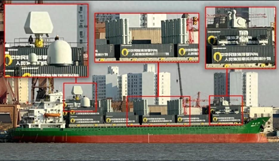 神秘货轮现身港口，集装箱布满导弹发射管，中国低成本武库舰？ 最近几天，一张照
