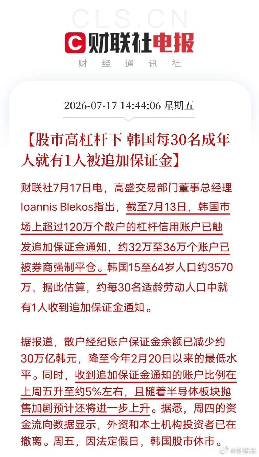韩国35万散户被强制平仓这下看懂韩国股市大跌的根源了，全民疯狂加杠杆炒股，一跌就