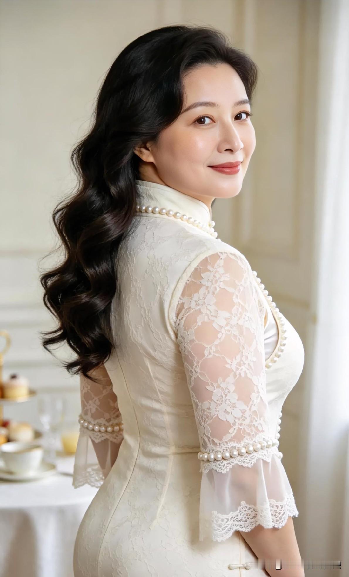 米白蕾丝旗袍勾勒曼妙曲线，珍珠点缀领口与袖间，温婉回眸，尽显东方雅致与柔美风情。