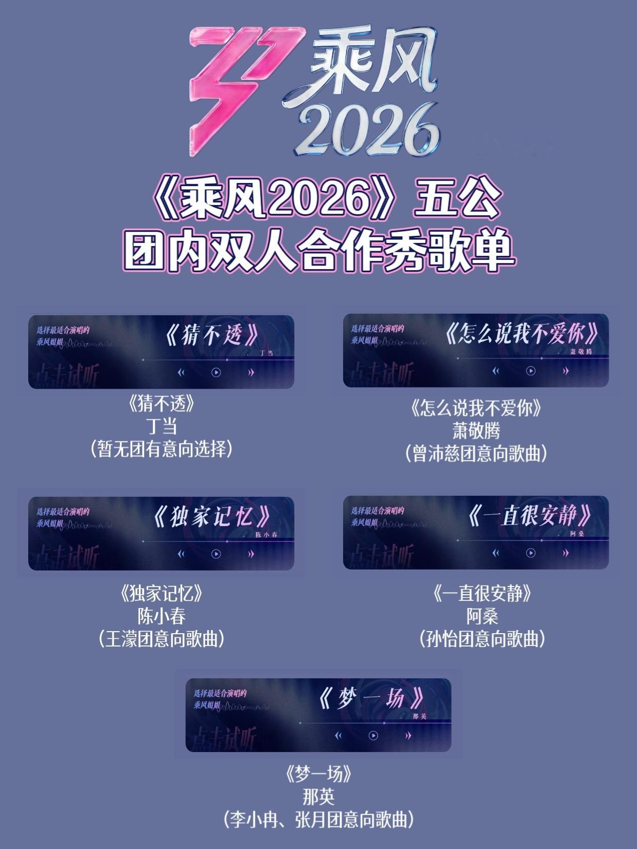 李小冉团张月团撞选歌《乘风2026》发布五公Vocal双人合作秀选曲歌单，李小冉