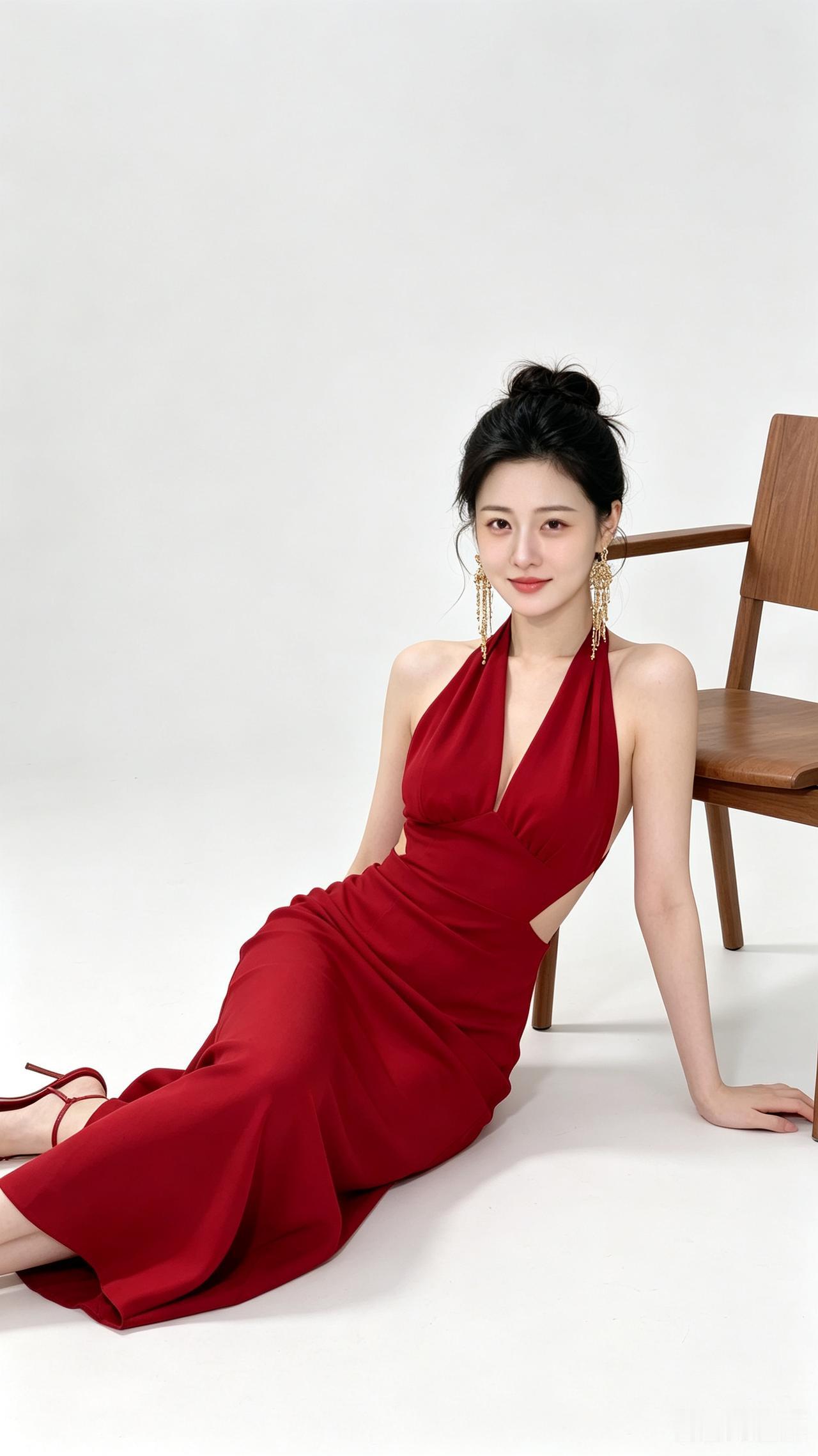 这美女穿着红色连衣裙，坐在椅子上，好优雅！