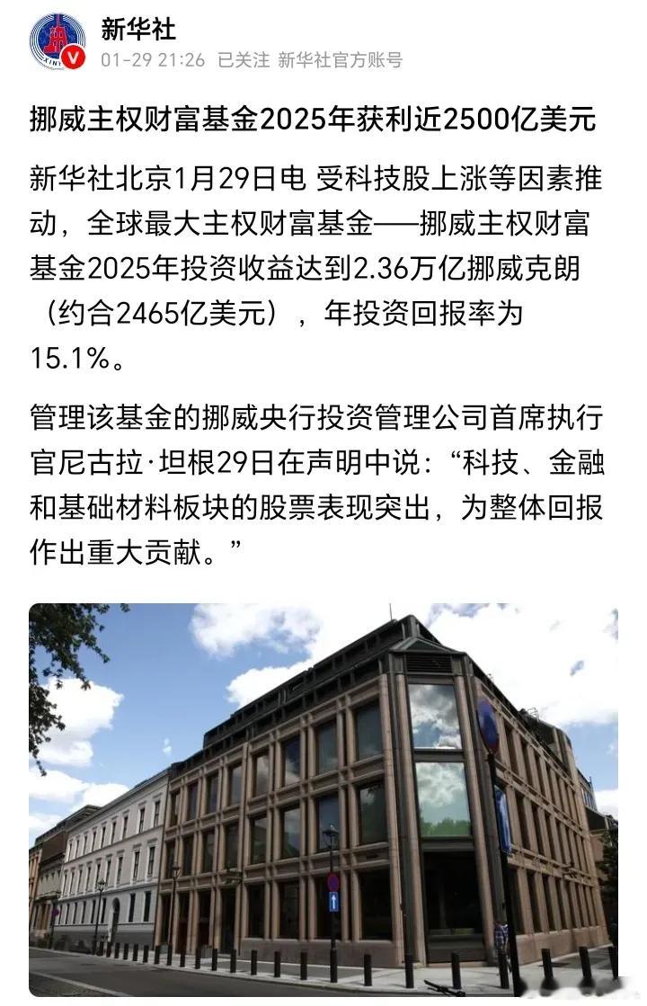 挪威主权财富基金2025年收益就高达2465亿美元，刚好超过其2024GDP的4