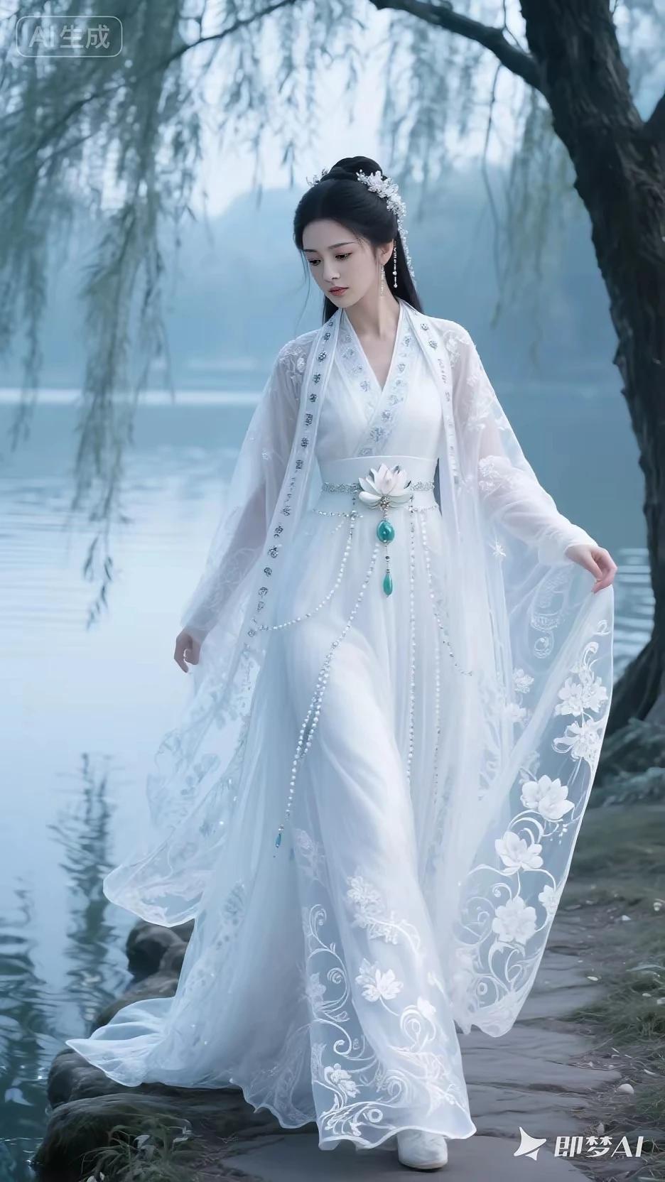 夜色如墨，美人如画。青丝如瀑，面若桃花。眉似春山，眸若秋水。国色天香，国色